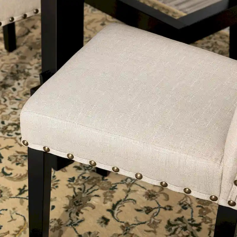 Sedie da pranzo con schienale alto in tessuto di lino e borchie decorative – Grigio / Bianco Crema / Marrone Chiaro