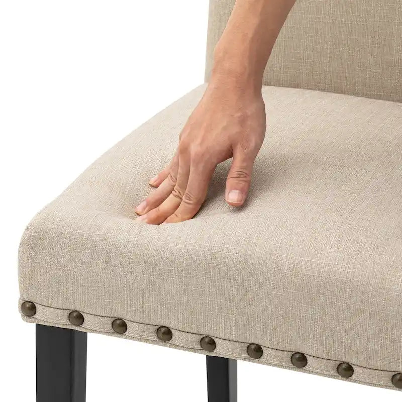 Sedie da pranzo con schienale alto in tessuto di lino e borchie decorative – Grigio / Bianco Crema / Marrone Chiaro