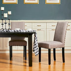 Sedie da pranzo con schienale alto in tessuto di lino e borchie decorative – Grigio / Bianco Crema / Marrone Chiaro