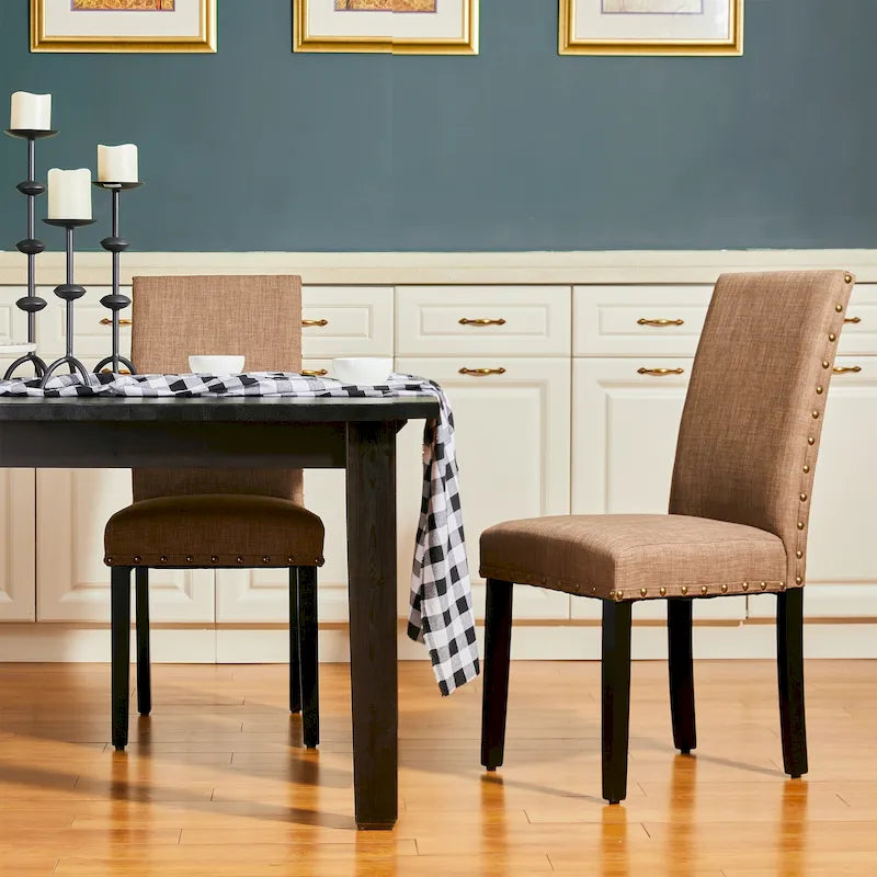 Sedie da pranzo con schienale alto in tessuto di lino e borchie decorative – Grigio / Bianco Crema / Marrone Chiaro