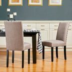 Sedie da pranzo con schienale alto in tessuto di lino e borchie decorative – Grigio / Bianco Crema / Marrone Chiaro