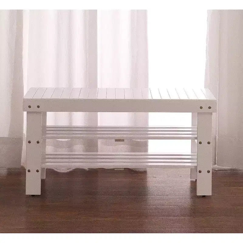 White Finish Solid Wood Shoe Bench with Shelf