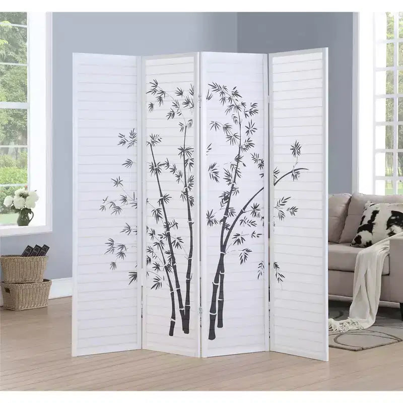 Roundhill Furniture Bamboo Print 4-Panel Framed Room Divider, White