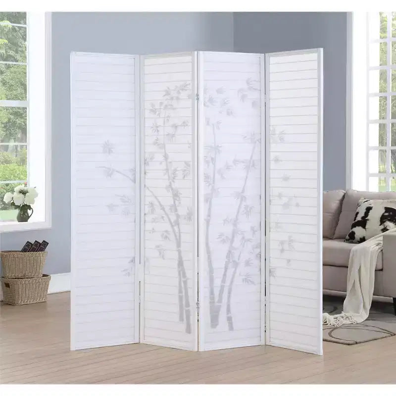 Divisorio a 4 pannelli con cornice e stampa bambù Roundhill Furniture, bianco