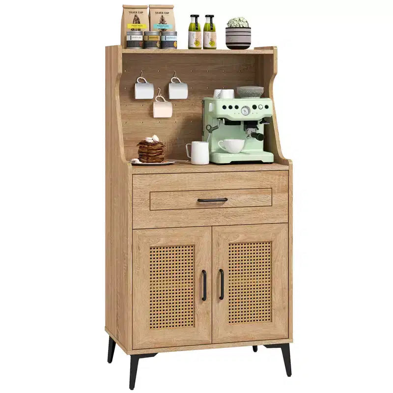 Costway Credenza con Ante Rattan Mobiletto Buffet con Vetrina Pensile e Gambe in Metallo Ripiani Regolabili Pannello Forato Fai da Te
