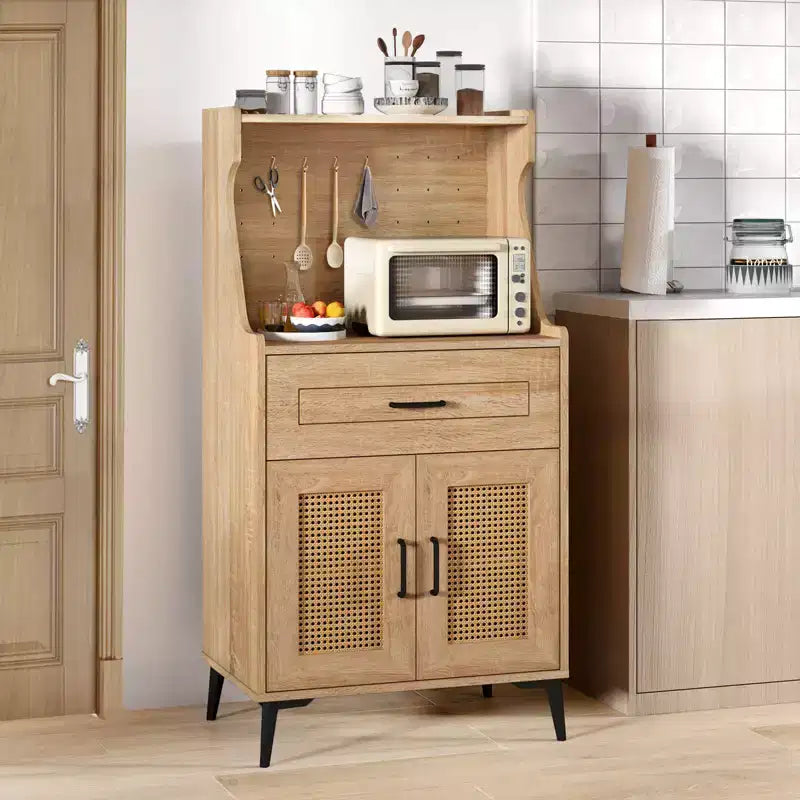 Costway Credenza con Ante Rattan Mobiletto Buffet con Vetrina Pensile e Gambe in Metallo Ripiani Regolabili Pannello Forato Fai da Te