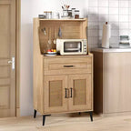 Costway Credenza con Ante Rattan Mobiletto Buffet con Vetrina Pensile e Gambe in Metallo Ripiani Regolabili Pannello Forato Fai da Te