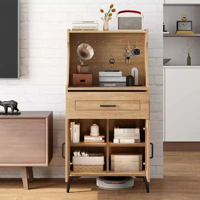 Costway Credenza con Ante Rattan Mobiletto Buffet con Vetrina Pensile e Gambe in Metallo Ripiani Regolabili Pannello Forato Fai da Te