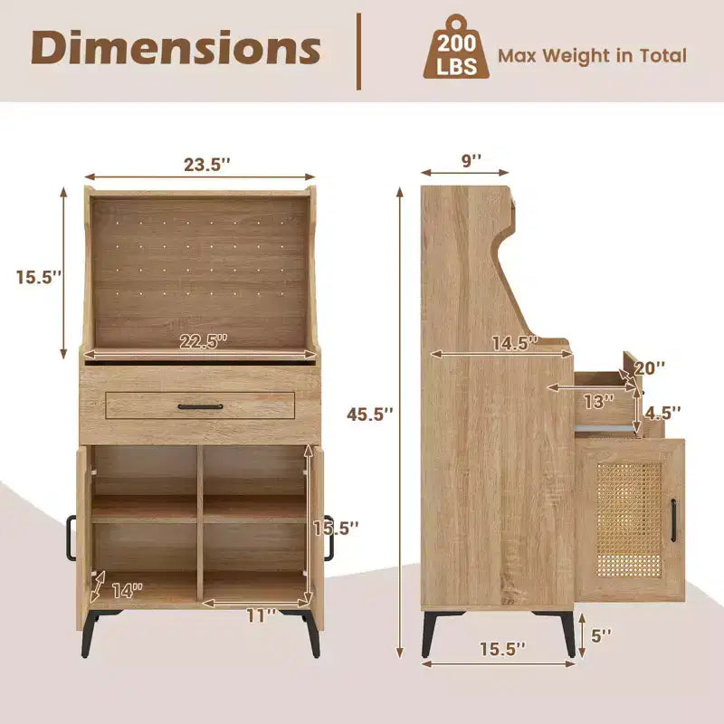 Costway Credenza con Ante Rattan Mobiletto Buffet con Vetrina Pensile e Gambe in Metallo Ripiani Regolabili Pannello Forato Fai da Te