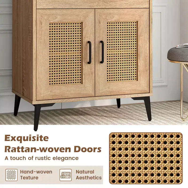 Costway Credenza con Ante Rattan Mobiletto Buffet con Vetrina Pensile e Gambe in Metallo Ripiani Regolabili Pannello Forato Fai da Te