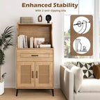 Costway Credenza con Ante Rattan Mobiletto Buffet con Vetrina Pensile e Gambe in Metallo Ripiani Regolabili Pannello Forato Fai da Te