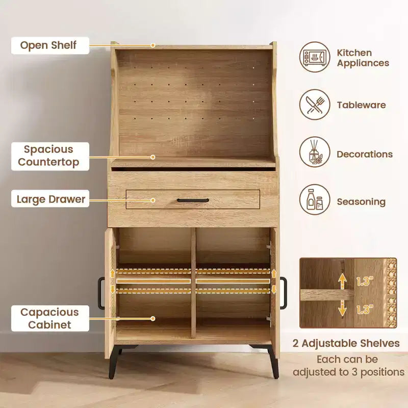 Costway Credenza con Ante Rattan Mobiletto Buffet con Vetrina Pensile e Gambe in Metallo Ripiani Regolabili Pannello Forato Fai da Te