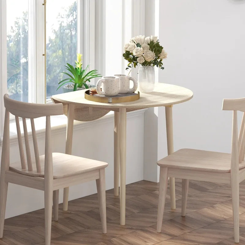 Tavolo da pranzo rotondo pieghevole con anta a ribalta da 89 cm e gambe in legno di pino – Nero/Beige, per 4 persone