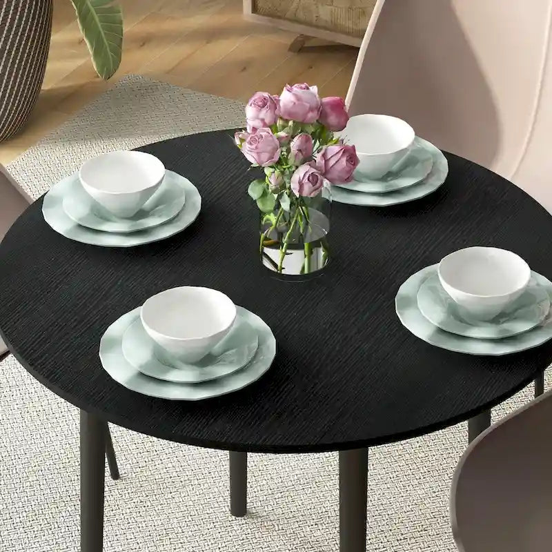 Tavolo da pranzo rotondo pieghevole con anta a ribalta da 89 cm e gambe in legno di pino – Nero/Beige, per 4 persone
