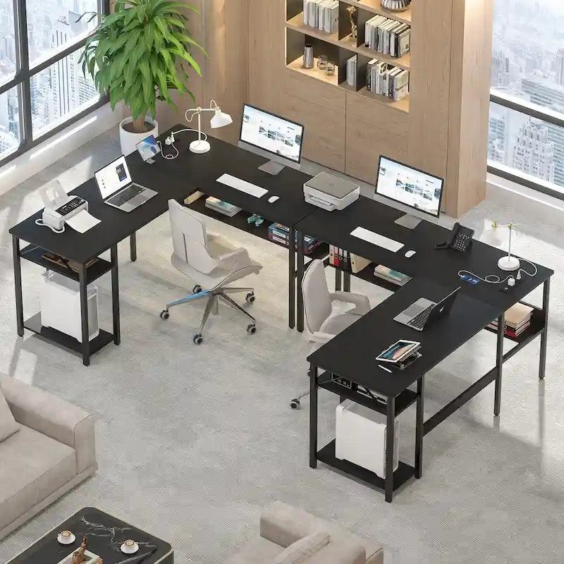 Scrivania angolare a L reversibile con ripiani e stazione di ricarica integrata – Rovere grigio / Nero / Marrone rustico / Bianco, Singola