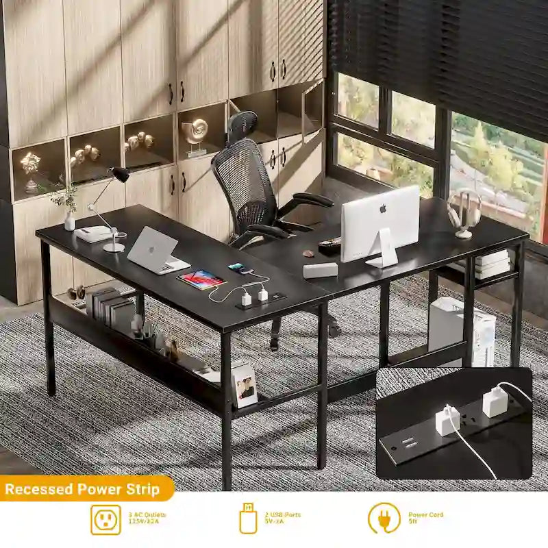 Scrivania angolare a L reversibile con ripiani e stazione di ricarica integrata – Rovere grigio / Nero / Marrone rustico / Bianco, Singola