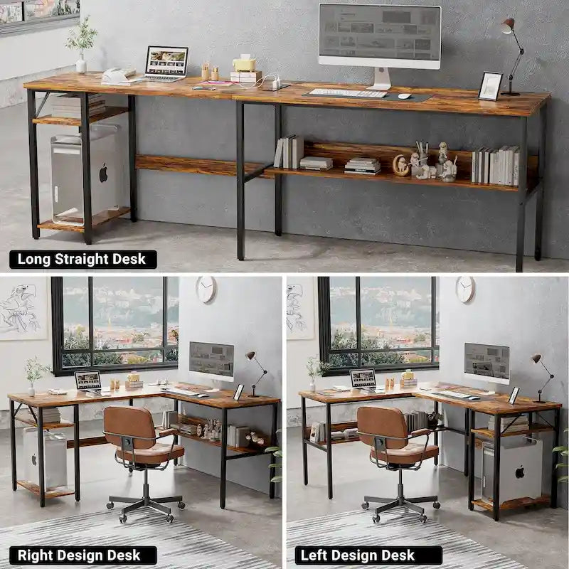 Scrivania angolare a L reversibile con ripiani e stazione di ricarica integrata – Rovere grigio / Nero / Marrone rustico / Bianco, Singola