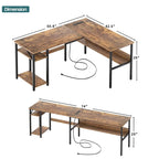 Scrivania angolare a L reversibile con ripiani e stazione di ricarica integrata – Rovere grigio / Nero / Marrone rustico / Bianco, Singola
