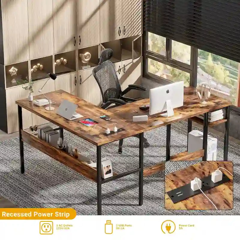 Scrivania angolare a L reversibile con ripiani e stazione di ricarica integrata – Rovere grigio / Nero / Marrone rustico / Bianco, Singola