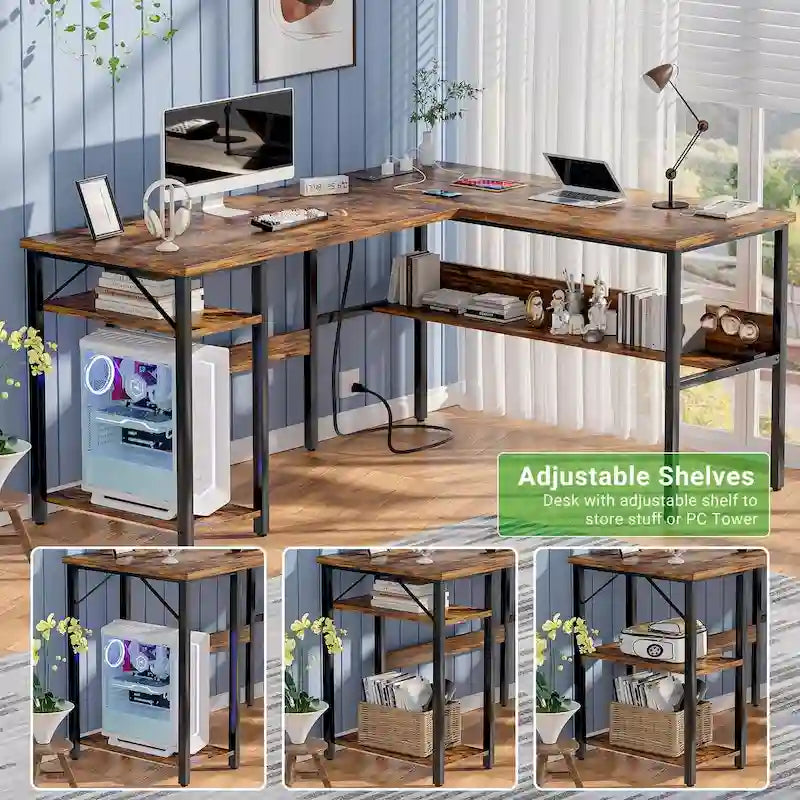 Scrivania angolare a L reversibile con ripiani e stazione di ricarica integrata – Rovere grigio / Nero / Marrone rustico / Bianco, Singola