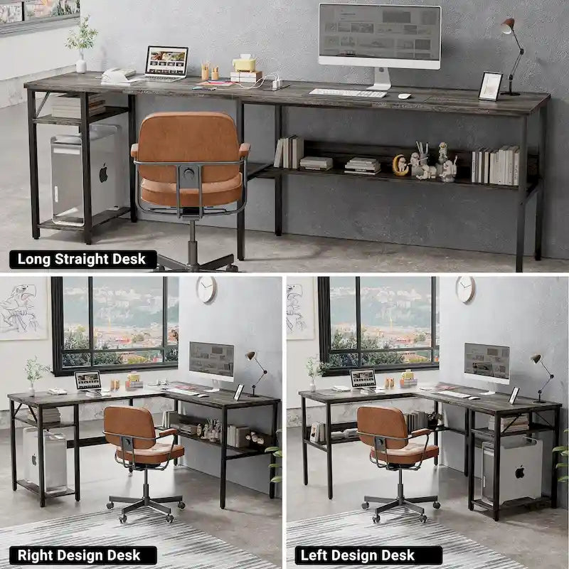 Scrivania angolare a L reversibile con ripiani e stazione di ricarica integrata – Rovere grigio / Nero / Marrone rustico / Bianco, Singola