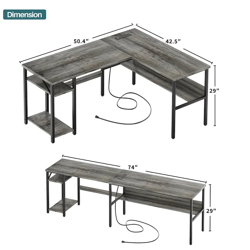 Scrivania angolare a L reversibile con ripiani e stazione di ricarica integrata – Rovere grigio / Nero / Marrone rustico / Bianco, Singola
