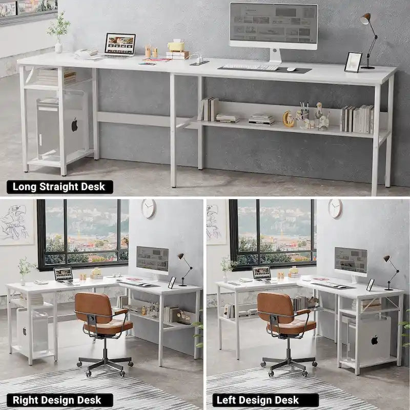 Scrivania angolare a L reversibile con ripiani e stazione di ricarica integrata – Rovere grigio / Nero / Marrone rustico / Bianco, Singola