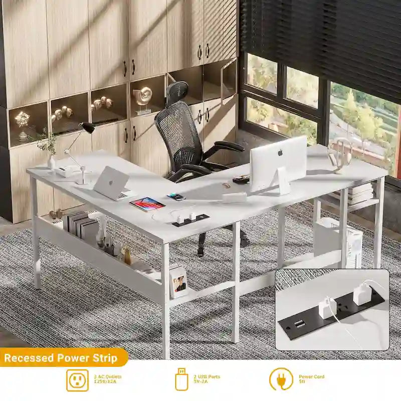 Scrivania angolare a L reversibile con ripiani e stazione di ricarica integrata – Rovere grigio / Nero / Marrone rustico / Bianco, Singola