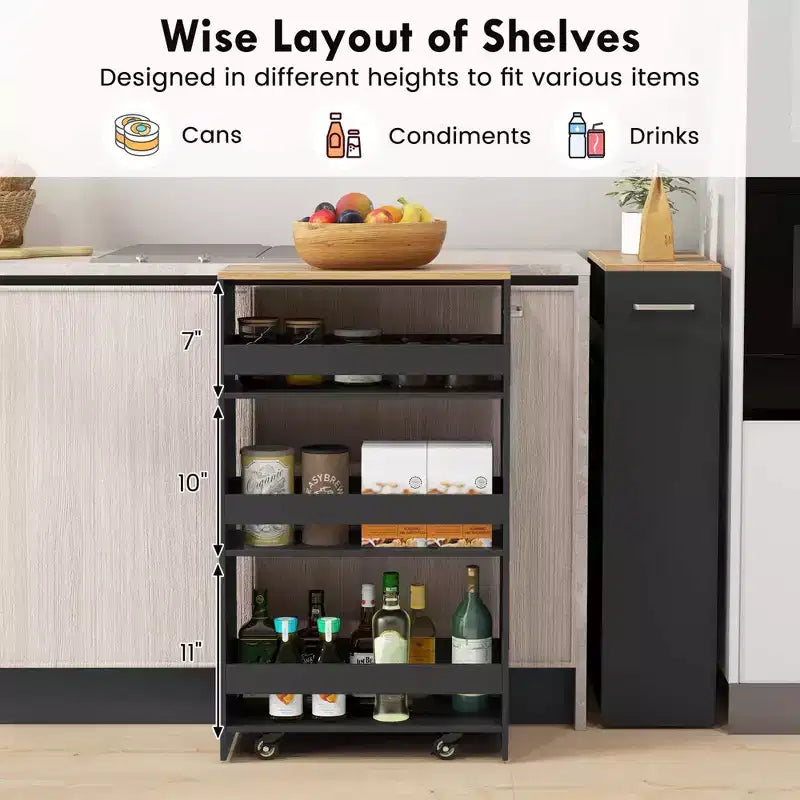 Costway Carrello Portaoggetti a 4 Livelli, Carrello da Cucina Stretto a 8 Ruote con Ripiani Aperti Marrone/Grigio/Bianco/Nero