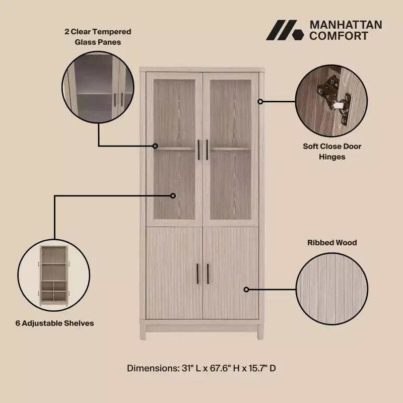 Libreria Manhattan Comfort Jodie 67.6 con 6 Ripiani Regolabili e Ante in Vetro Temperato