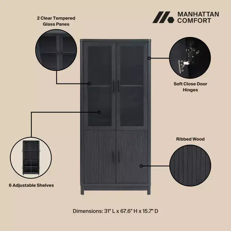Libreria Manhattan Comfort Jodie 67.6 con 6 Ripiani Regolabili e Ante in Vetro Temperato