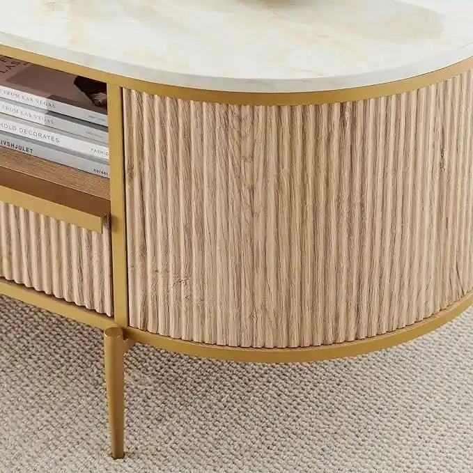 Tavolino da Caffè con Pannelli a Scanalature, Cassetto e Vano Aperto – Quercia Naturale / Bianco Solido / Blu Marino, Singolo