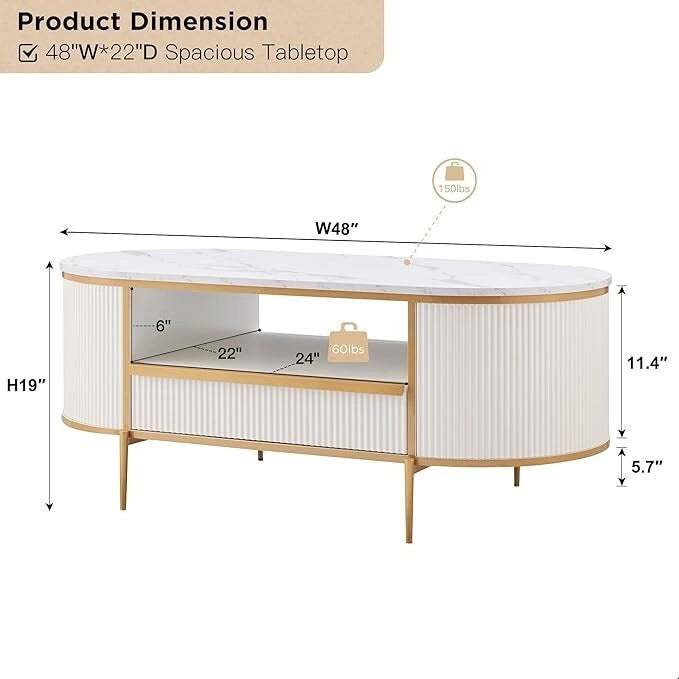 Tavolino da Caffè con Pannelli a Scanalature, Cassetto e Vano Aperto – Quercia Naturale / Bianco Solido / Blu Marino, Singolo