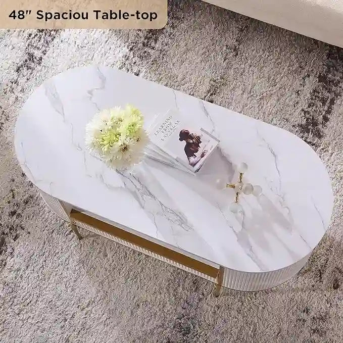 Tavolino da Caffè con Pannelli a Scanalature, Cassetto e Vano Aperto – Quercia Naturale / Bianco Solido / Blu Marino, Singolo
