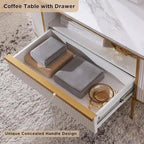Tavolino da Caffè con Pannelli a Scanalature, Cassetto e Vano Aperto – Quercia Naturale / Bianco Solido / Blu Marino, Singolo