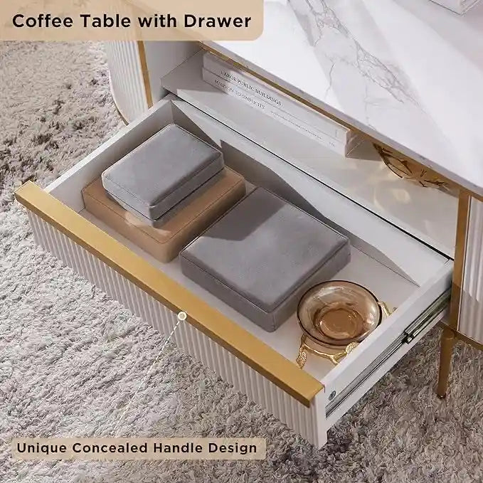 Tavolino da Caffè con Pannelli a Scanalature, Cassetto e Vano Aperto – Quercia Naturale / Bianco Solido / Blu Marino, Singolo