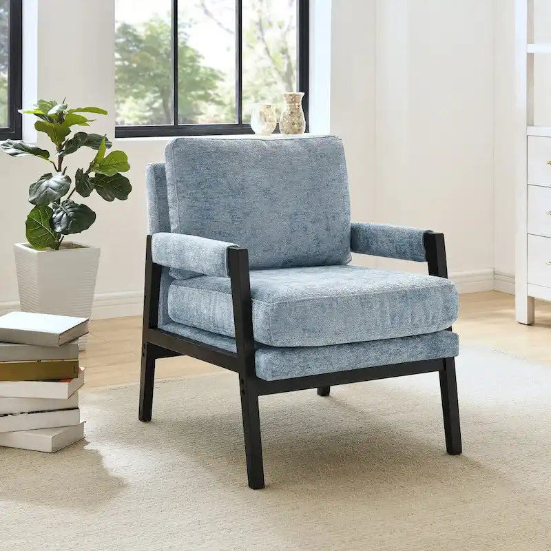 Poltrona d'accento in ciniglia Mid-Century Modern con cuscino schienale rimovibile e gambe in legno di acacia – Giallo / Arancione / Blu / Grigio / Bianco, Singola
