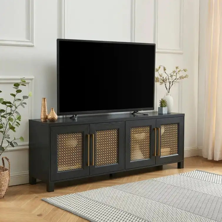 Mobile TV con ante in rattan stile retrò – Nero / Rovere rustico / Bianco, Singolo, Adatto a TV fino a 78"