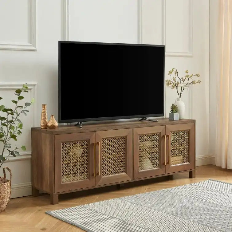 Mobile TV con ante in rattan stile retrò – Nero / Rovere rustico / Bianco, Singolo, Adatto a TV fino a 78"