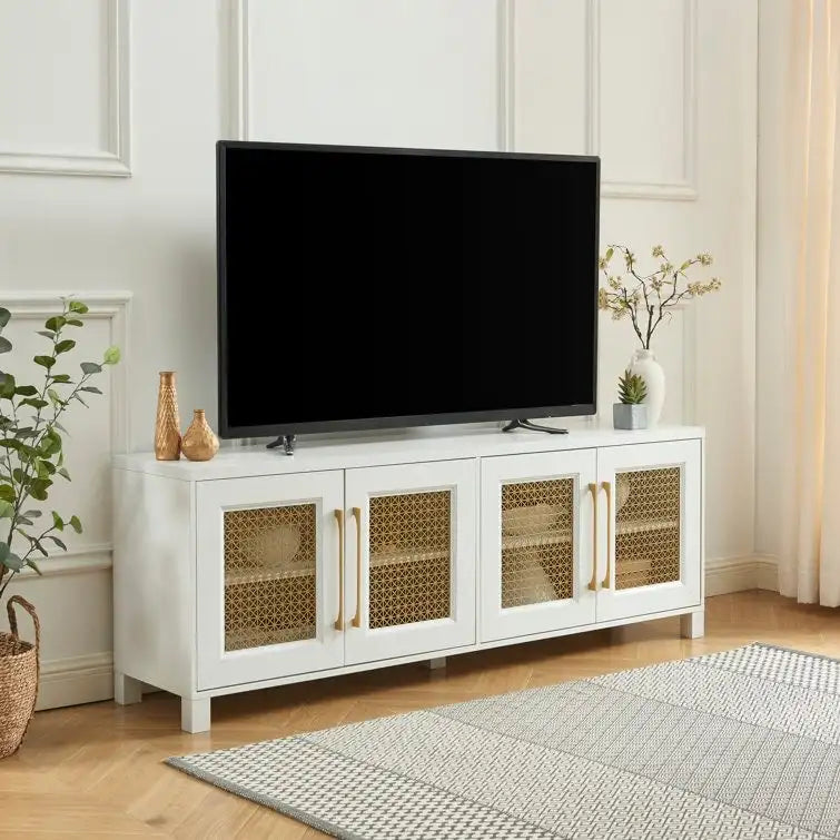 Mobile TV con ante in rattan stile retrò – Nero / Rovere rustico / Bianco, Singolo, Adatto a TV fino a 78"