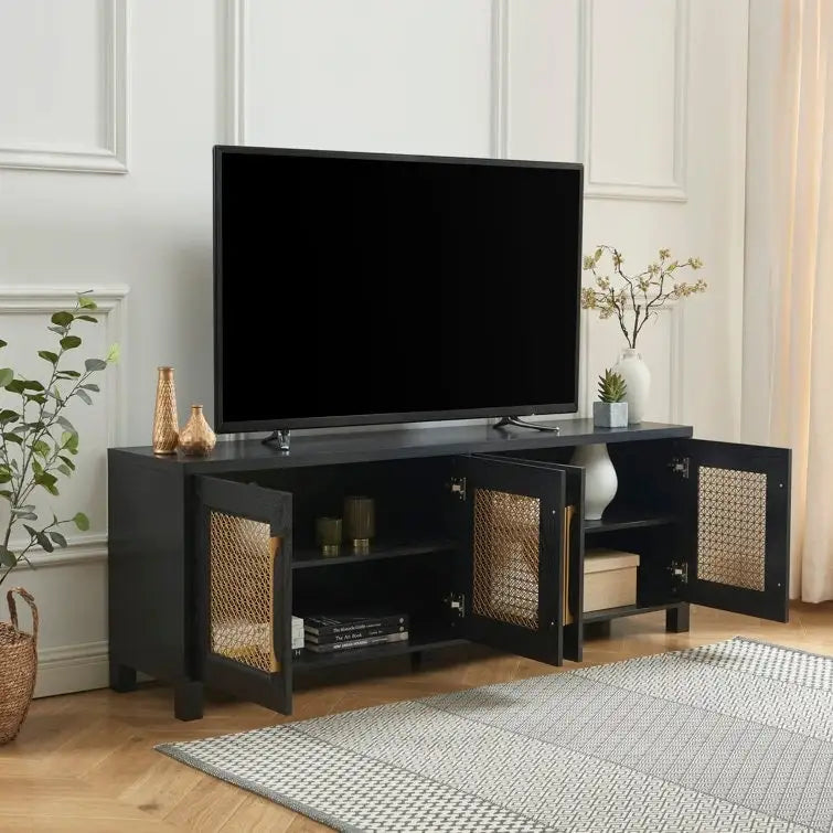 Mobile TV con ante in rattan stile retrò – Nero / Rovere rustico / Bianco, Singolo, Adatto a TV fino a 78"