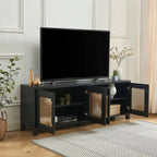 Mobile TV con ante in rattan stile retrò – Nero / Rovere rustico / Bianco, Singolo, Adatto a TV fino a 78"