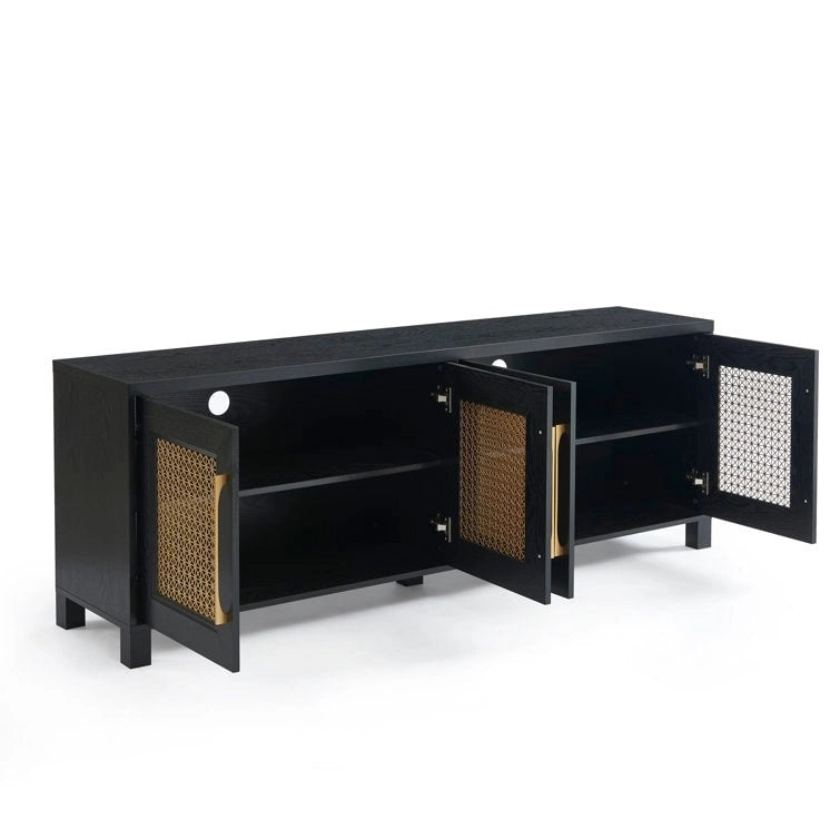 Mobile TV con ante in rattan stile retrò – Nero / Rovere rustico / Bianco, Singolo, Adatto a TV fino a 78"