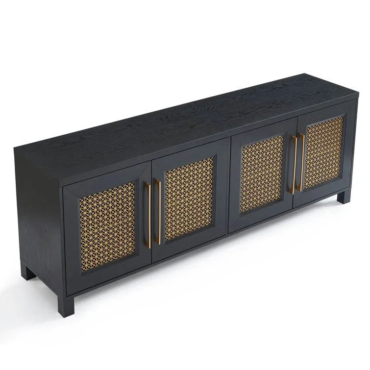 Mobile TV con ante in rattan stile retrò – Nero / Rovere rustico / Bianco, Singolo, Adatto a TV fino a 78"