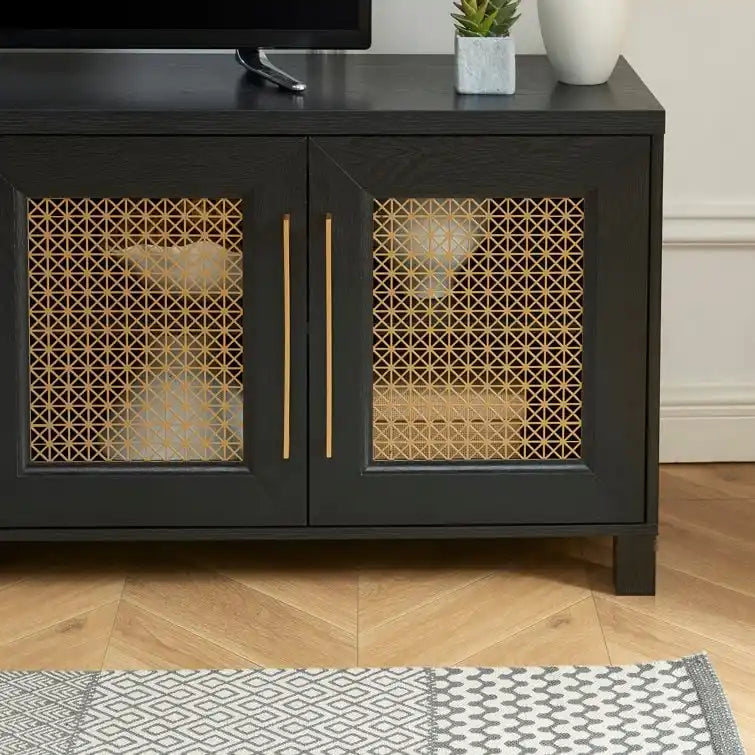Mobile TV con ante in rattan stile retrò – Nero / Rovere rustico / Bianco, Singolo, Adatto a TV fino a 78"