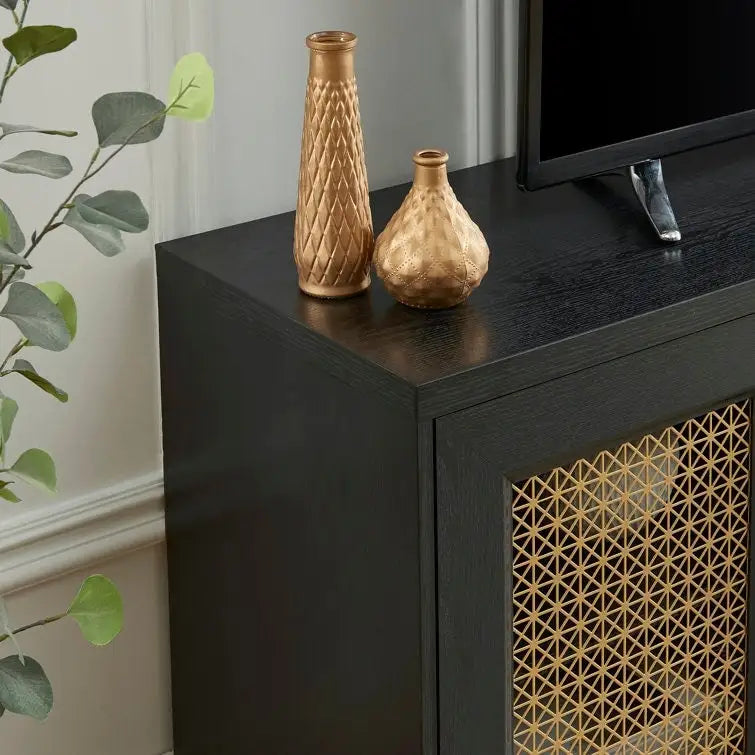 Mobile TV con ante in rattan stile retrò – Nero / Rovere rustico / Bianco, Singolo, Adatto a TV fino a 78"