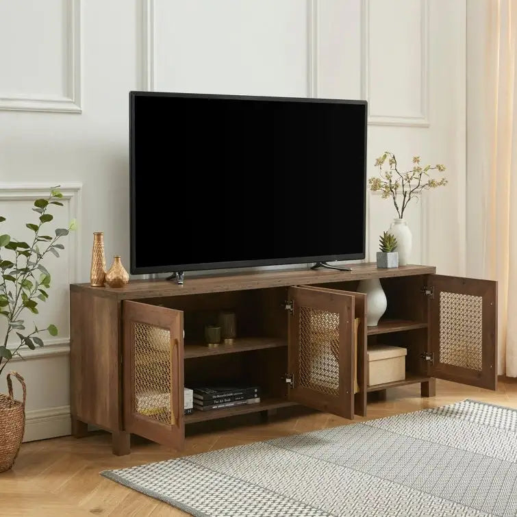 Mobile TV con ante in rattan stile retrò – Nero / Rovere rustico / Bianco, Singolo, Adatto a TV fino a 78"