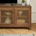 Mobile TV con ante in rattan stile retrò – Nero / Rovere rustico / Bianco, Singolo, Adatto a TV fino a 78"