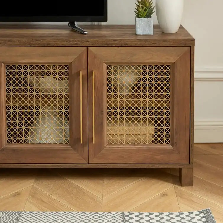 Mobile TV con ante in rattan stile retrò – Nero / Rovere rustico / Bianco, Singolo, Adatto a TV fino a 78"