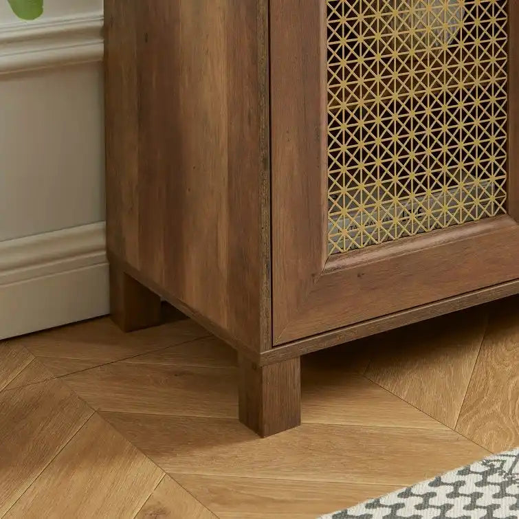 Mobile TV con ante in rattan stile retrò – Nero / Rovere rustico / Bianco, Singolo, Adatto a TV fino a 78"